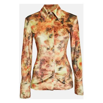 Nanushka Orange Hazy Floral Print Stretch Velvet Shirt