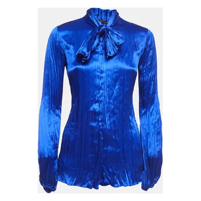 Roberto Cavalli Blue Satin Silk Pleated Tie-Neck Shirt