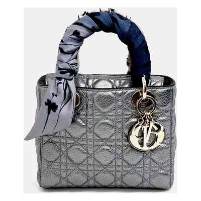 Christian Dior Silver Leather Lady dior Small Top Handle Bag