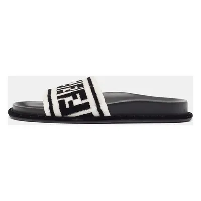 Fendi Black/White Fur FF Flat Slides Size 38.5