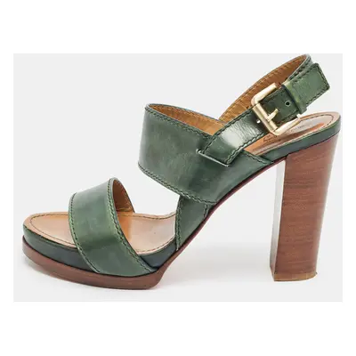 Santoni Green Leather Platform Block Heel Ankle Strap Sandals Size