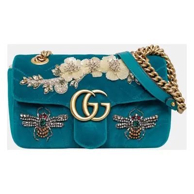 Gucci Teal Velvet Mini Velvet Embroidered GG Marmont Flap Bag