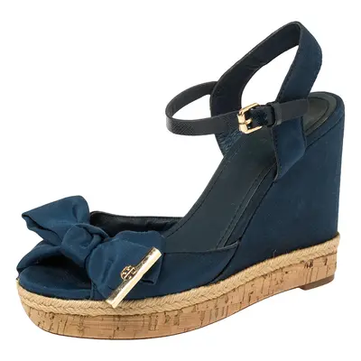 Tory Burch Blue Fabric And Leather Espadrille Wedge Ankle Strap Sandals Size