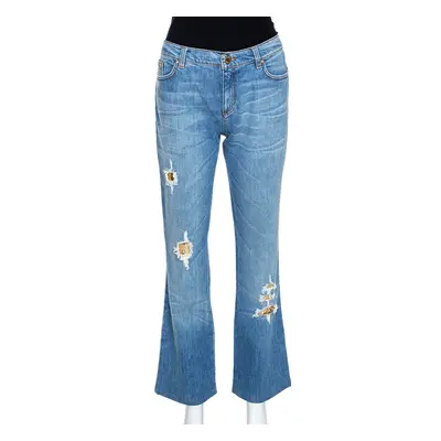 Roberto Cavalli Blue Distressed Denim Embellished Patch Jeans