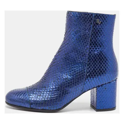 Zadig & Voltaire Blue Python Embossed Leather Block Heel Ankle Length Boots Size