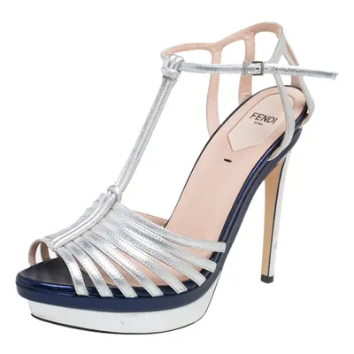 Fendi Metallic Silver Leather T- Strap Platform Sandals Size