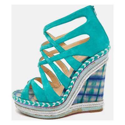 Christian Louboutin Green Suede Caged Espadrille Tosca Wedge Platform Sandals Size