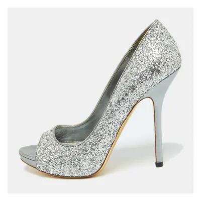 Miu Miu Silver Glitter and Leather Peep Toe Platform Pumps Size