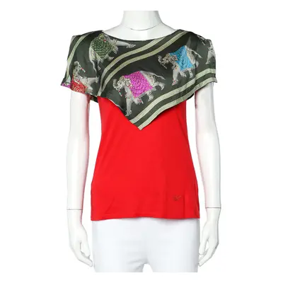 Emporio Armani Red Jersey Playful Elephant Print Silk Paneled Top