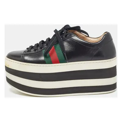 Gucci Black Leather Web Peggy Platform Sneakers Size