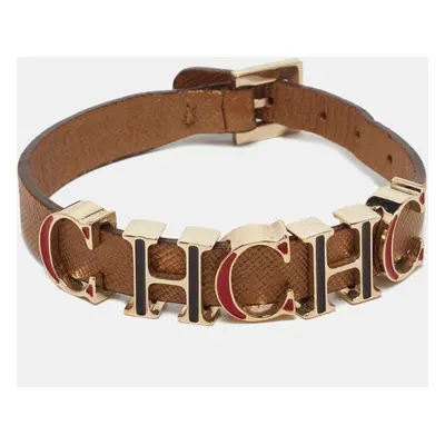 CH Carolina Herrera Brown Enameled CH Logo Brown Leather Gold Tone Bracelet