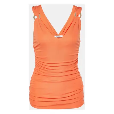 Versace Orange Jersey Ruched Sleeveless Top