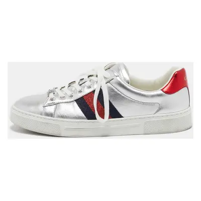 Gucci Silver Leather Web Ace Sneakers Size 37.5