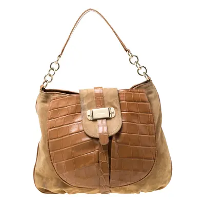 Furla Tan Suede and Croc Embossed Leather Hobo