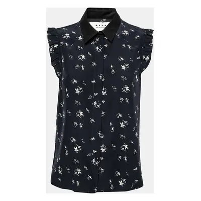 Marni Navy Blue Printed Silk Ruffled Detail Sleeveless Shirt