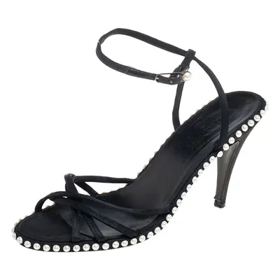 Chanel Black Satin Pearl Embellished Ankle Wrap Sandals Size 39.5