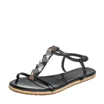 Burberry Black Leather Westerdale T Strap Espadrille Flat Sandals Size