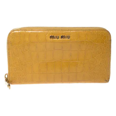 Miu Miu Yellow Croc Embossed Leather Zip Around Wallet