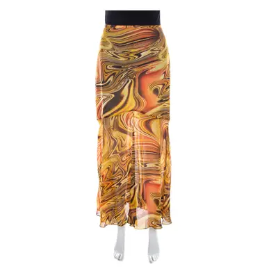 Escada Silk Chiffon Yellow Abstract Print Sheer Hem Skirt