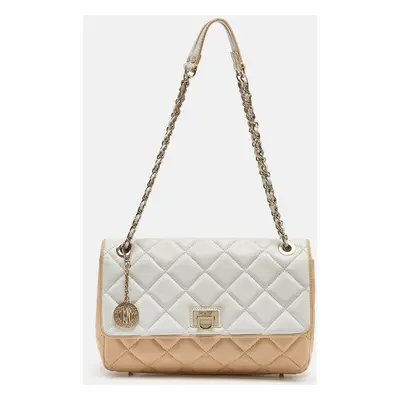 DKNY Beige/White Quilted Leather Flap Bag