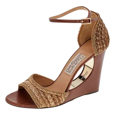 Salvatore Ferragamo Brown/Beige Woven Straw Chain Embellishment Sandals Size 38.5