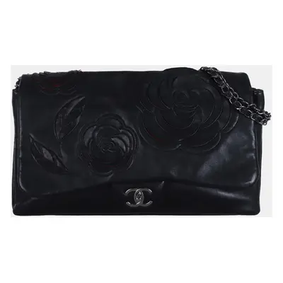 Chanel Black Leather Petal Tweed Camellia Accordion Flap Shoulder Bag