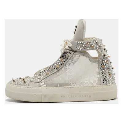 Philipp Plein Grey Lace and Suede High Top Sneakers Size