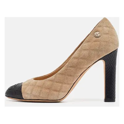 Chanel Beige/Black Suede and Snakeskin Cap Toe Pumps Size