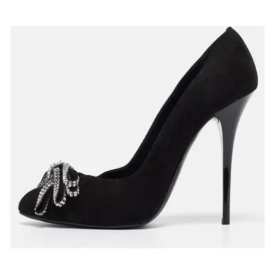 Giuseppe Zanotti Black Suede Crystal Embellished Bow Pumps Size