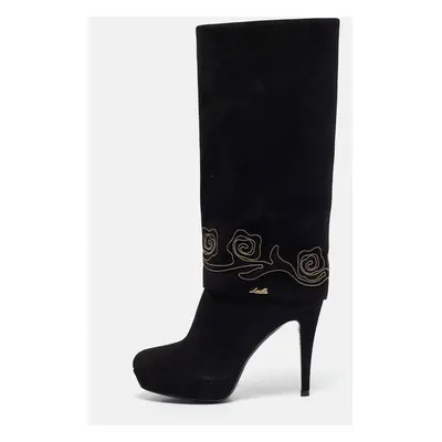 Loriblu Black Suede Cuff Embroidered Knee Length Boots Size 37.5