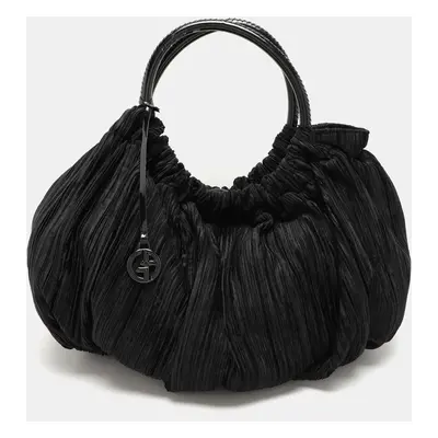 Giorgio Armani Black Jacquard Fabric Pleated Hobo