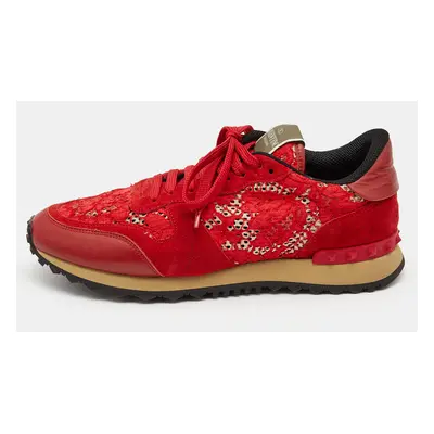 Valentino Red Lace and Suede Rockrunner Low Top Sneakers Size