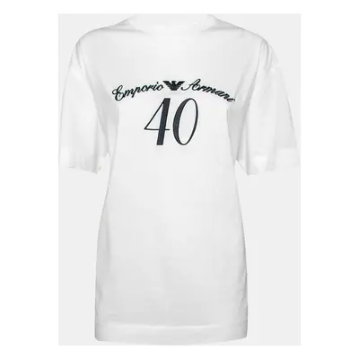 Emporio Armani White Cotton Logo Embroidered Crew Neck Top