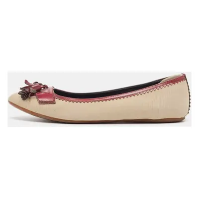 Burberry Beige/Burgundy Fabric and Leather Tassel Bow Ballet Flats Size 38.5