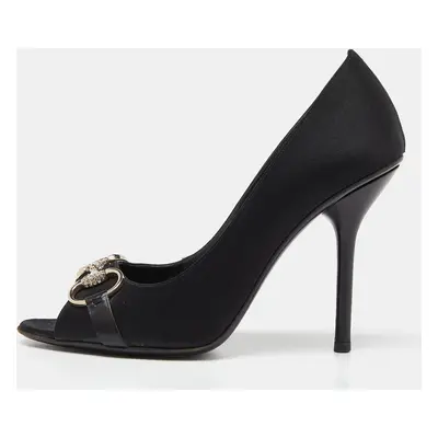 Gucci Black Satin Horsebit Peep Toe Pumps Size