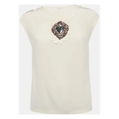 Dolce & Gabbana Cream Heart Plaque Lace Trim Silk Top