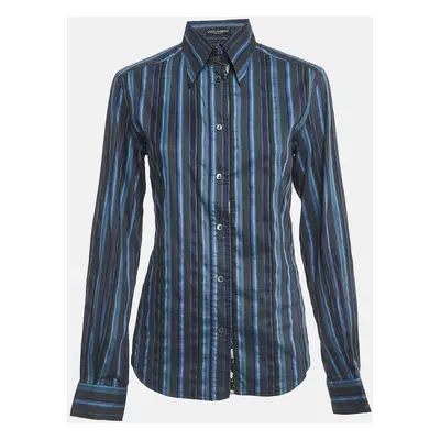 Dolce & Gabbana Blue Striped Cotton Full Sleeve Shirt