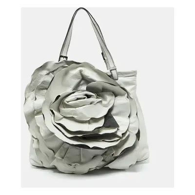 Valentino White Leather 3D Rose Petal Shopper Tote