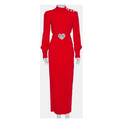 Alessandra Rich Red Crepe Embellished Button Belted Gown