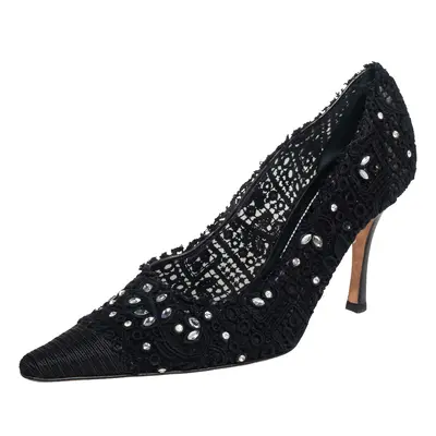 René Caovilla Black Lace And Canvas Crystal Embellished Pumps Size