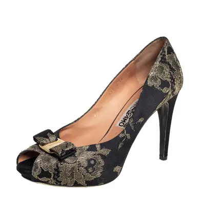 Salvatore Ferragamo Black Brocade Peep Toe Bow Pumps Size 40.5