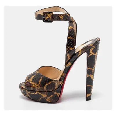 Christian Louboutin Brown/Yellow Python Leather Peep Toe Platform Ankle Strap Sandals Size