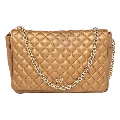 Carolina Herrera Metallic Gold Quilted Leather Chain Flap Shoulder Bag