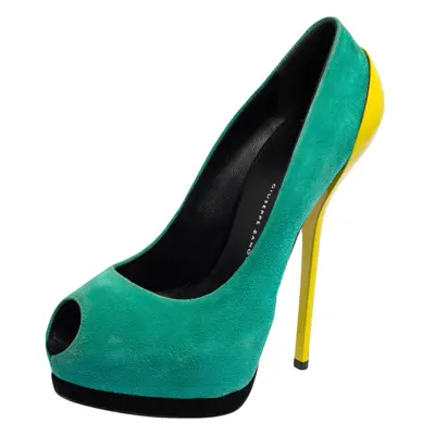 Giuseppe Zanotti Tri-Color Suede And Patent Leather Peep Toe Platform Pumps Size