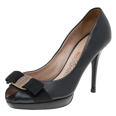 Salvatore Ferragamo Black Leather Vara Bow Peep Toe Pumps Size 36.5