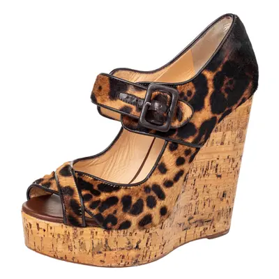 Christian Louboutin Brown Leopard Print Pony Hair Melides Cork Wedge Sandals Size 38.5