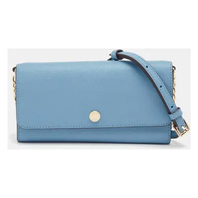 Michael Kors Light Blue Leather Jet Set Travel Wallet On Chain