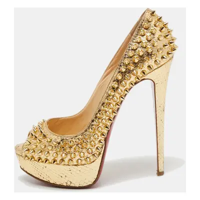 Christian Louboutin Gold Python Leather Lady Peep Toe Spikes Platform Pumps Size 36.5