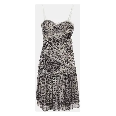 Dolce & Gabbana Grey Leopard Print Silk Ruched Midi Dress