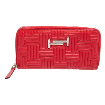 Tod's Red Leather Double T Zip Around Continental Wallet